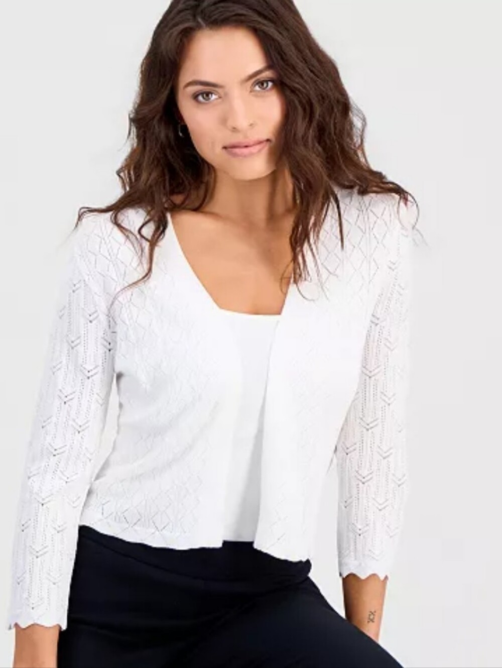 Signature by Robbie Bee Petite M White Pointelle Open Front Cardigan Sweater